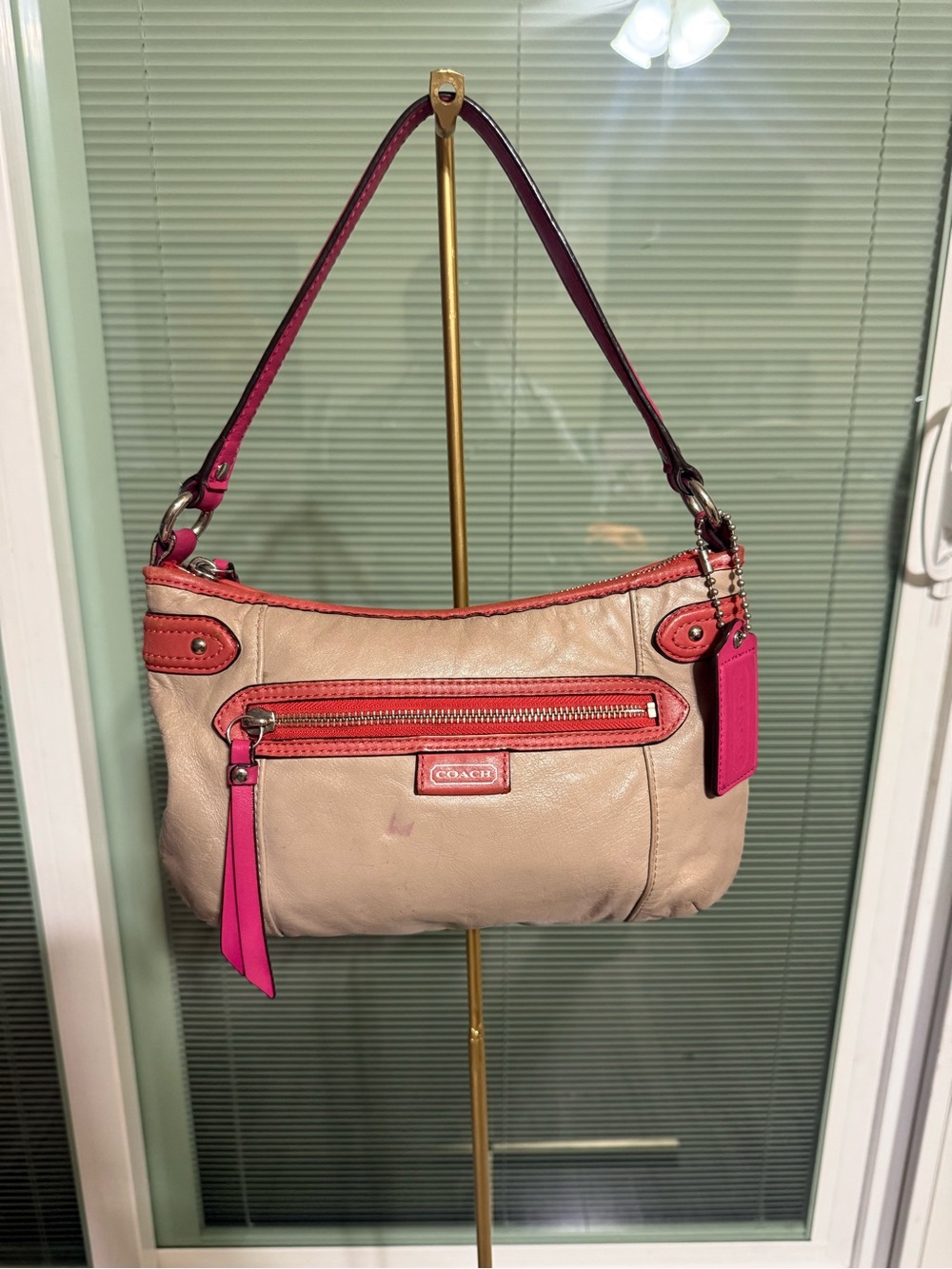 Coach Beige Leather Shoulder Bag with Pink Trim